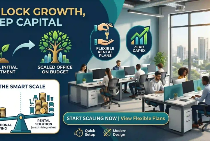 High-quality ergonomic office furniture on lease, providing a professional startup setup without a large upfront investment.