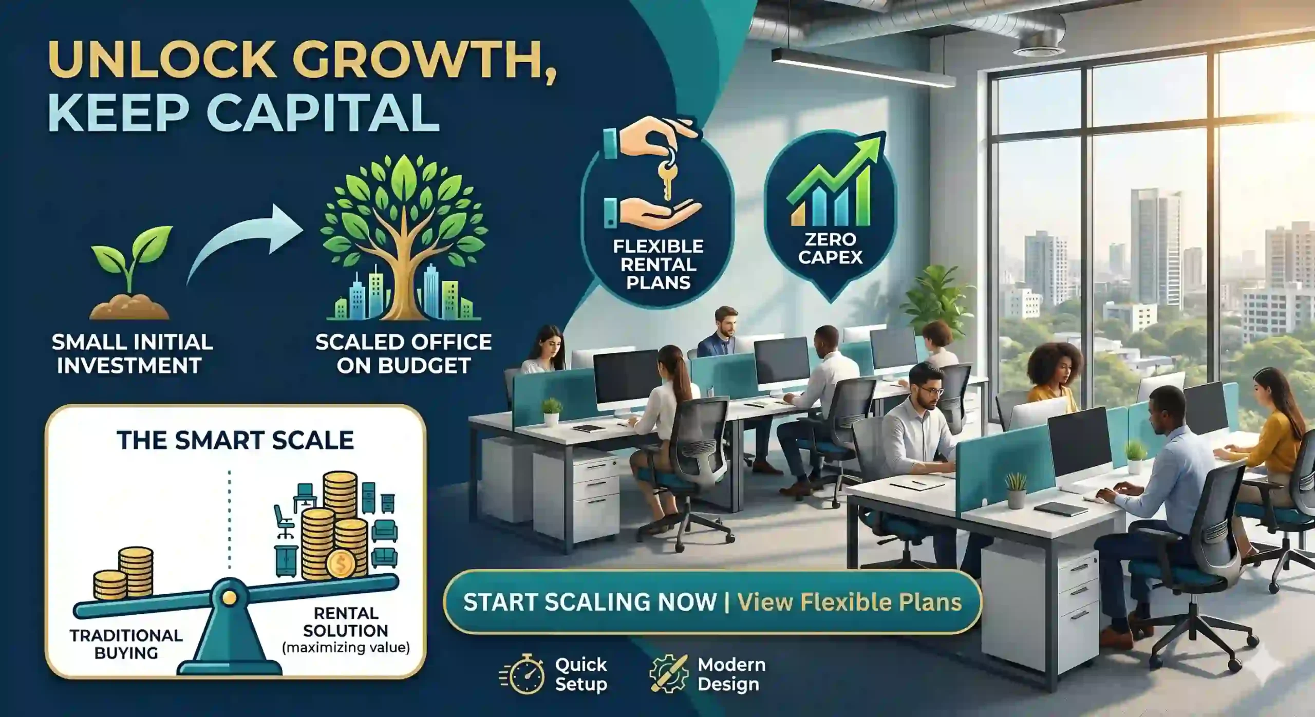 High-quality ergonomic office furniture on lease, providing a professional startup setup without a large upfront investment.